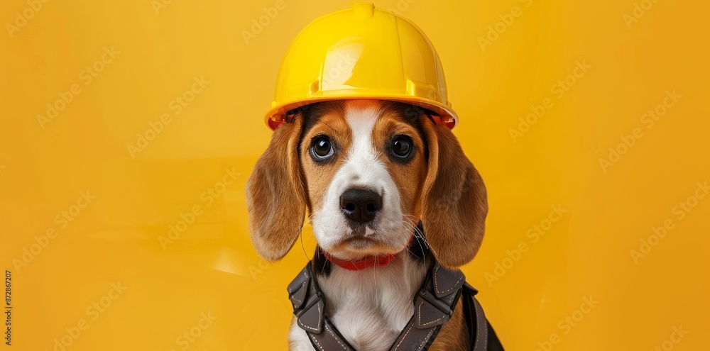 Poster an image of a yellow background with a beagle dog wearing a construction helmet.