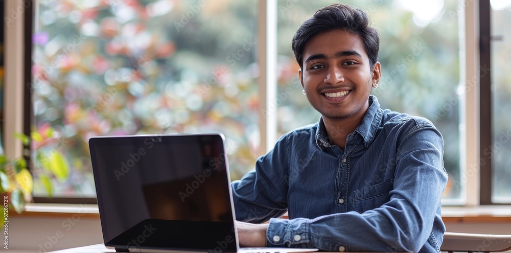Poster worked at the table with a laptop and smiled and posed for the camera.