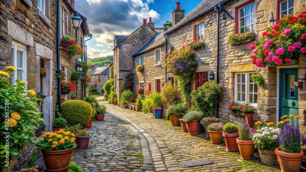 Sticker Charming village scene with cobblestone streets, old buildings, and colorful flower pots, quaint, picturesque