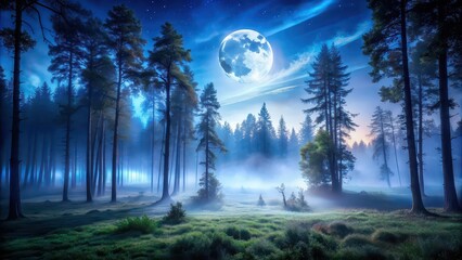 Night landscape in the forest with mist rising from the ground and moonlight filtering through the trees, nature, forest, night