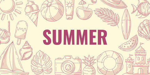 Summer minimalist horizontal banner, beach accessories monochrome icons. Round border frame, copy space. Summertime, holiday and vacation. For poster, flyer, card, invitation, social media, postcard