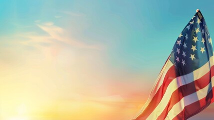 Sunrise horizon  american flag in banner design with blue background, professional photography style