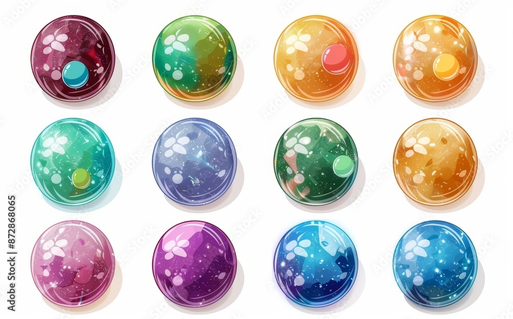 Aufkleber glowing orbs for game design with liquid plasma and fire effects.