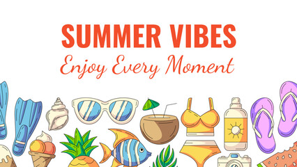 Summer horizontal banner with beach accessories icons. Bottom border of frame and copy space, isolated on white. Summer vibes, enjoy every moment. For poster, flyer, card, invitation, social media