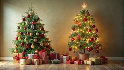 A beautifully decorated Christmas tree with a pile of gifts underneath , holidays, festive, decorations, ornaments