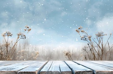 Winter Snow Scene with Wooden Table for Photography