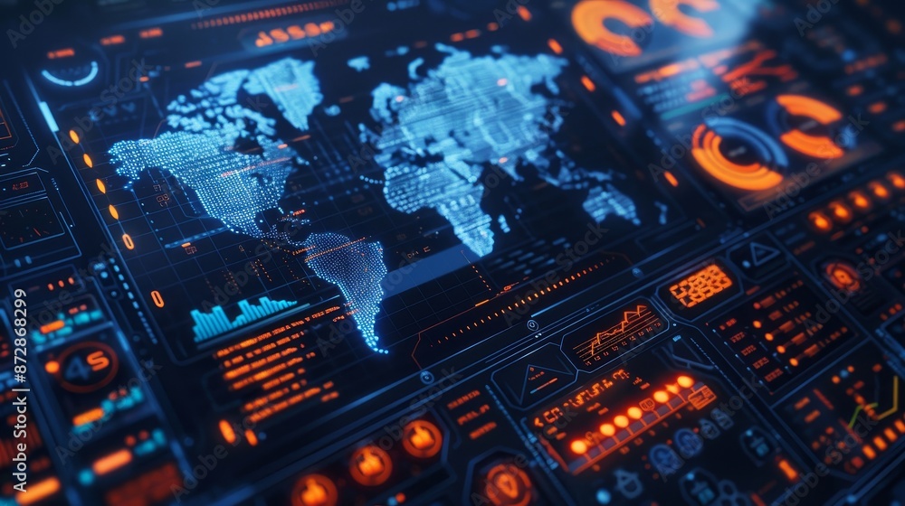 Poster An electronic head-up display with 3D maps of the world and business data charts. An electronic dashboard panel with circular diagrams, blue holograms, and a 4D view of the world.