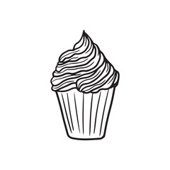 Beautiful tasty cupcake with chocolate cream in black isolated on white background. Hand drawn vector sketch illustration in doodle engraved vintage line art style. Holiday dessert