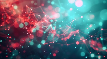 A science presentation template with a bright Plexus background in red and teal, clean and high-quality design