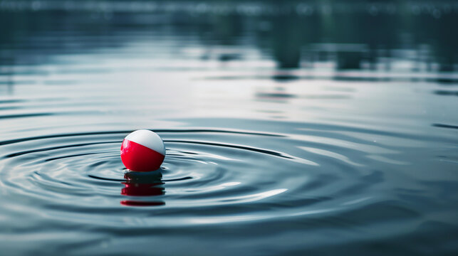 Close-up of red and white fishing float bobber with lake water ripple