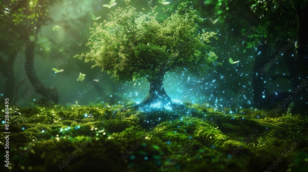 Poster The circuit cube has a tree growing on top. Blue light and wireframe backgrounds. Concept of 