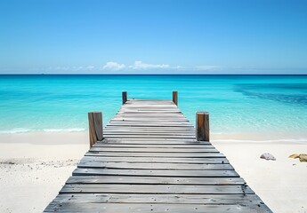 Wooden Pier Leading to Turquoise Sea on Tropical Beach