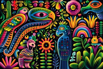 Colorful psychedelic illustration with vibrant patterns and abstract shapes, showcasing artistic creativity and dynamic expression in a detailed, lively design.