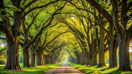 Naklejka premium A beautiful spring alley lined with oak trees, spring, alley, oak trees, nature, outdoors, scenic, pathway, sunlight