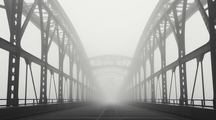 Fototapeta premium The foggy sky envelops the truss bridge, creating an atmospheric phenomenon as the fog covers the symmetrical structure and road below