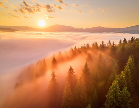 Vue a&eacute;rienne d'une for&ecirc;t couverte de brouillard en &eacute;t&eacute; au coucher du soleil