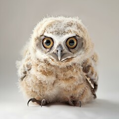 Fototapeta premium Cartoon owl with big round eyes and fluffy feathers on a clean background.