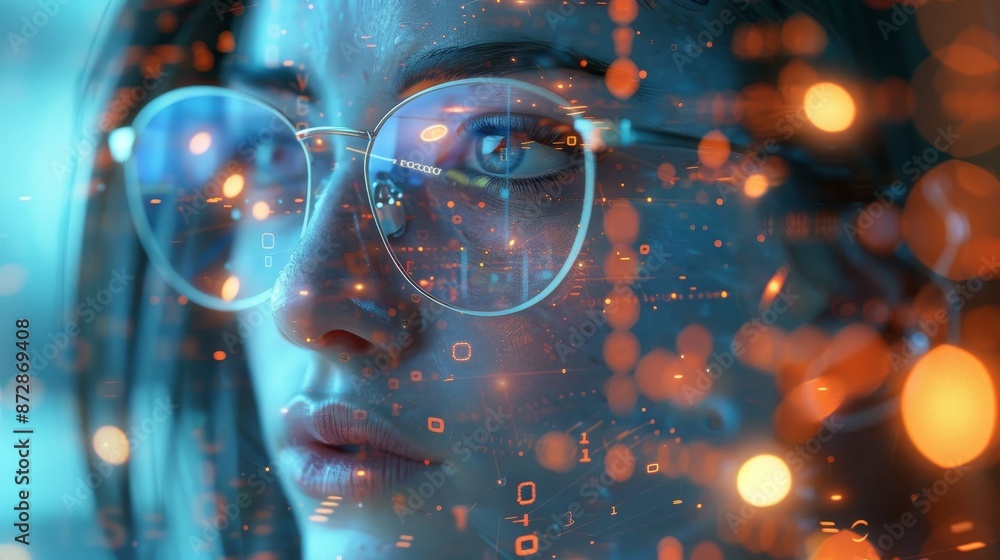 Aufkleber On a 3D screen, a programmer is thinking about data analytics, digital technology, and cybersecurity. The woman is holding a tablet while thinking about data analytics, digital technology, and