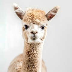 Obraz premium Fluffy baby alpaca with a curious expression on a clean white background.
