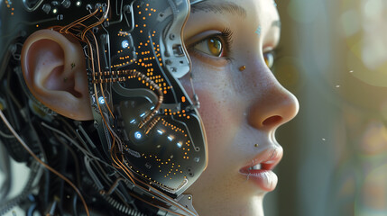 A close-up of an AI robot's face, showing intricate circuitry and glowing lights on its skin. The background is blurred with futuristic elements like floating digital screens or other advanced technol