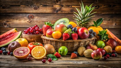 Fresh assorted fruits on a rustic wooden table , healthy, organic, food, diet, nutrition, colorful, delicious, natural, ripe
