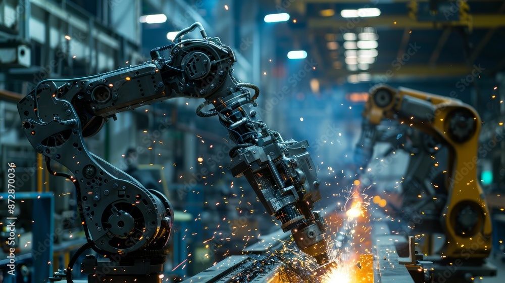 Aufkleber Welding robots and digital manufacturing operations are controlled and monitored by a managing engineer using intelligent factory industrial software.