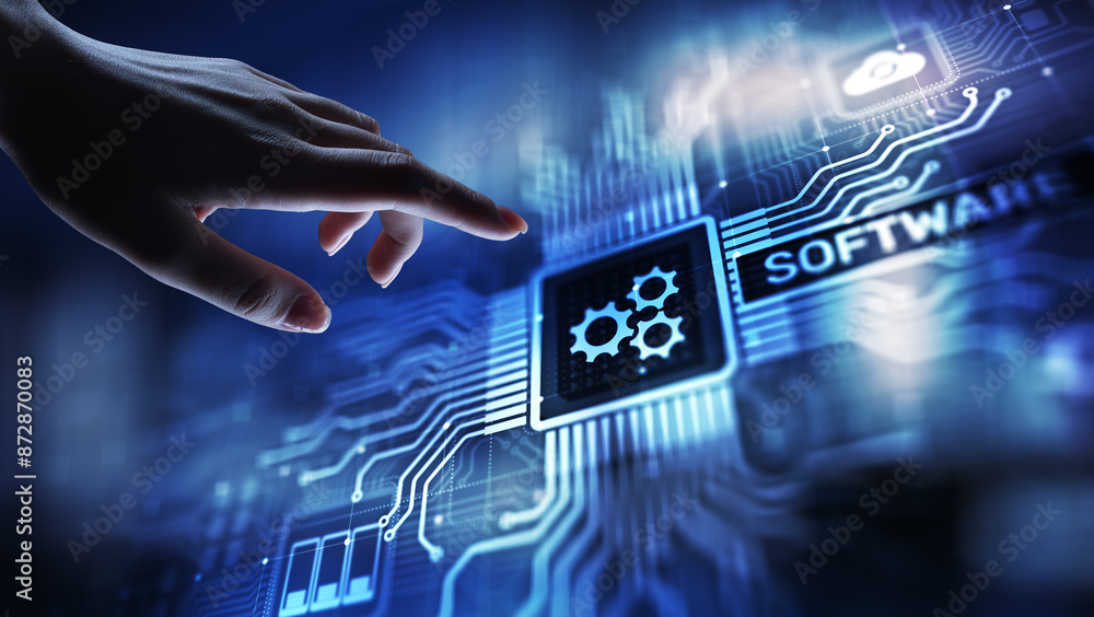 Poster software development and business process automation, internet and technology concept on virtual scr