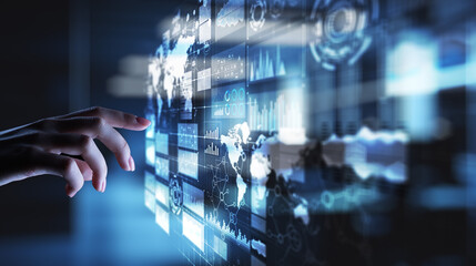 Business intelligence dashboard with graph and icons. Big data. Trading and investment. Modern technology concept on virtual screen.