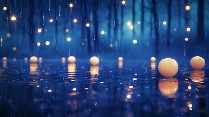 A serene scene of softly glowing orbs suspended in a sea of midnight blue, their reflections shimmering on the rain-soaked asphalt below.
