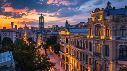 Obraz premium View of the Baku old town during the blue hour. Beautiful golden colors in the buildings