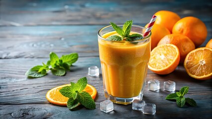 Fototapeta premium Refreshing summer orange smoothie for detox with fresh oranges, ice cubes, and mint leaves, orange, smoothie, detox, healthy