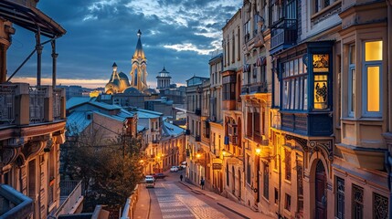 Naklejka premium View of the Baku old town during the blue hour. Beautiful golden colors in the buildings