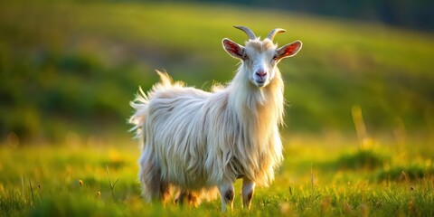 Obraz premium A cute and fluffy goat standing in a grassy field , goat, farm animal, wildlife, domestic, rural, mammal, furry, horned