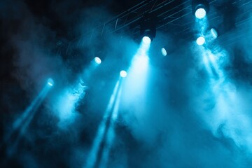 Blue stage light shining through smoke, creating a dramatic atmosphere. Stadium cloudiness projector, Generative, AI generated