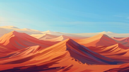 Naklejka premium Illustrate a tranquil desert landscape, with rolling sand dunes, a clear blue sky, and the soft play of light and shadow creating a serene, expansive view.