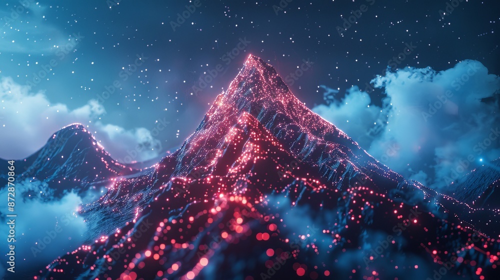 Leinwandbilder an illustration of a flag on top of a mountain with lines, triangles, and particles. view of a mount