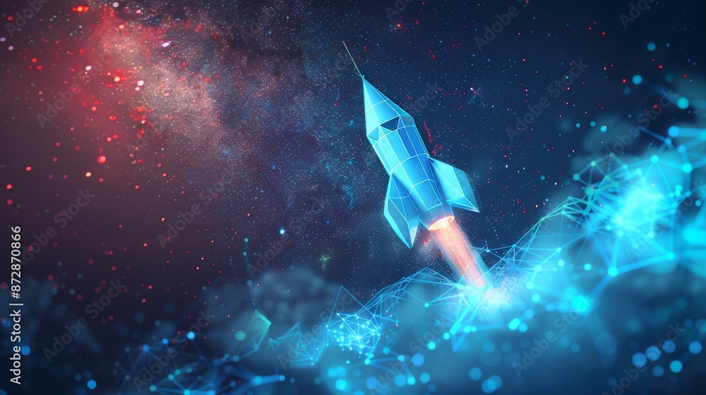 Aufkleber Launch of a light bulb rocket with a blue glow. Low poly design. Abstract geometric background. Light wireframe connection structure. 3D concept. Isolated illustration.