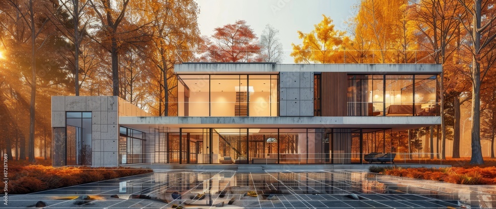 Fototapete Design concept for a smart building. Design and engineering of the autonomous control system. Communication design for an apartment house. Architectural drawing, blueprint of the facade.