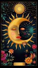 The Sun tarot card, featuring bright, vibrant colors, magical elements, and a depiction of happiness and success The card should evoke feelings of joy and positivity