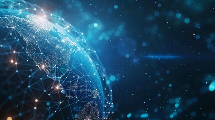 An abstract illustration with an isometric world map with a polygonal wireframe composition isolated on a blue background. A polygonal space with lines and dots connected.