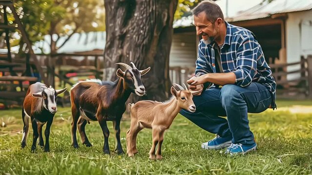 An organic farm in the Catskills. A man in a paddock with two large goats