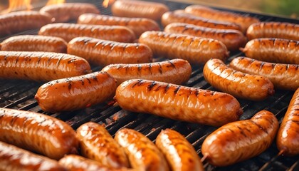 A close-up view of isolated grilled sausages on a barbecue grill background, showing the charred and juicy texture of the sausages