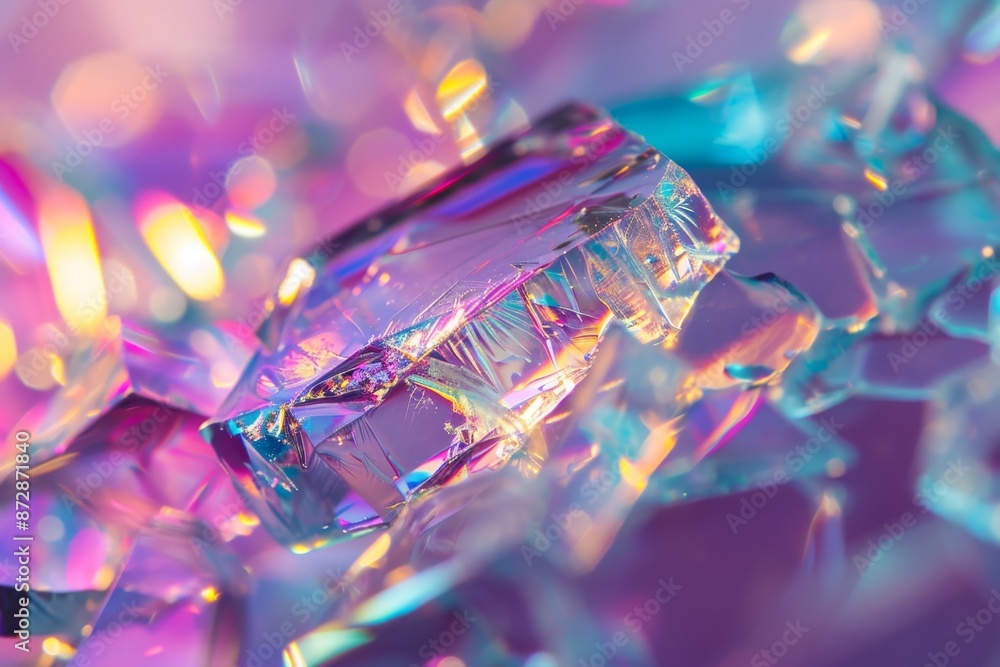 Poster a macro shot of fragmented glass with colorful lights creating a mesmerizing effect. abstract trendy