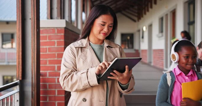 Teacher, woman and using tablet in outdoor for learning, education and development as educator in school. Female person, smile and schedule for scholarship, skills and growth in literacy or numeracy