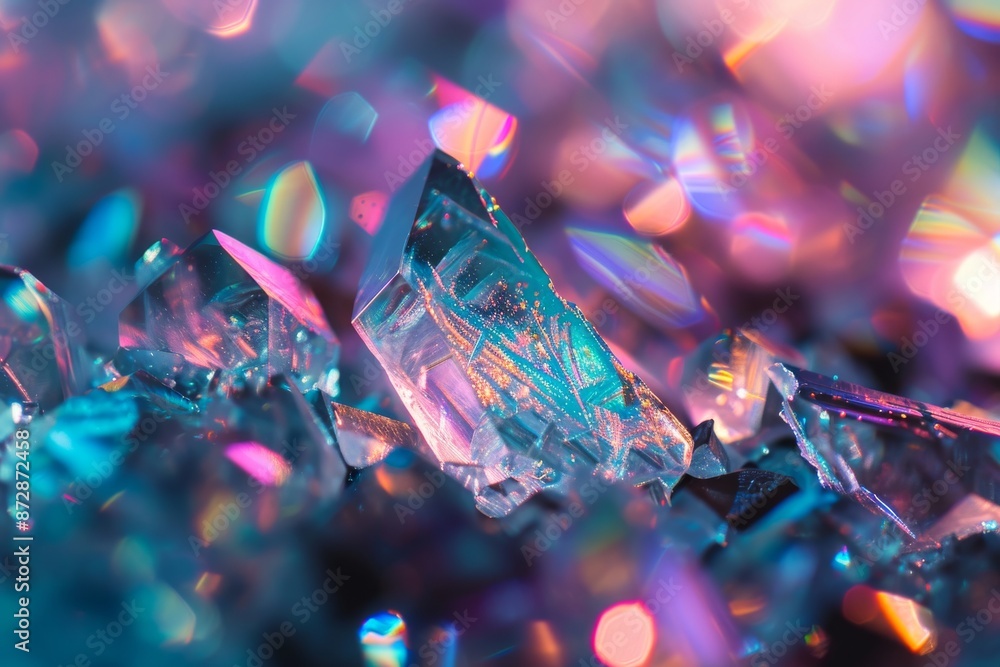Poster a close up of shattered glass with vibrant lights reflecting off the surface.. abstract trendy patte