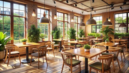 Obraz premium Cozy cafe interior with wooden tables and chairs, filled with natural light , restaurant, coffee shop, cozy, interior