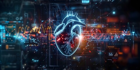 
holographic heart with various health data visualizations and futuristic medical research or heart cardiology health care with diagnosis vitals infographic biometrics for clinical and hospital stetho