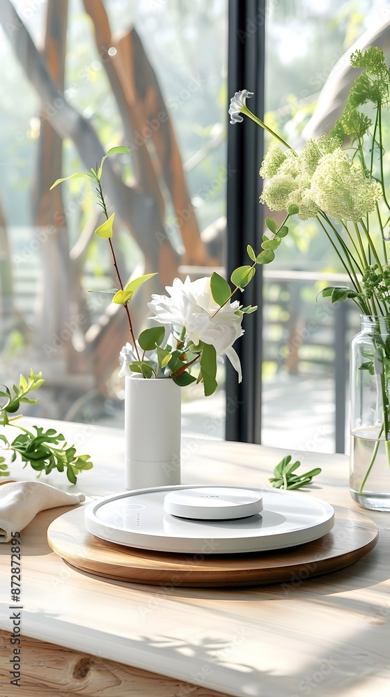 Poster Blooming Botanical Ambience:Elegant Floral Display on Minimalist Tabletop