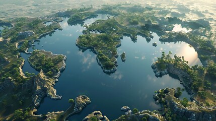 A lake in the shape of the world's continents in the middle of untouched nature. A metaphor for ecological travel, conservation, climate change, global warming and the fragility of nature.3d rendering