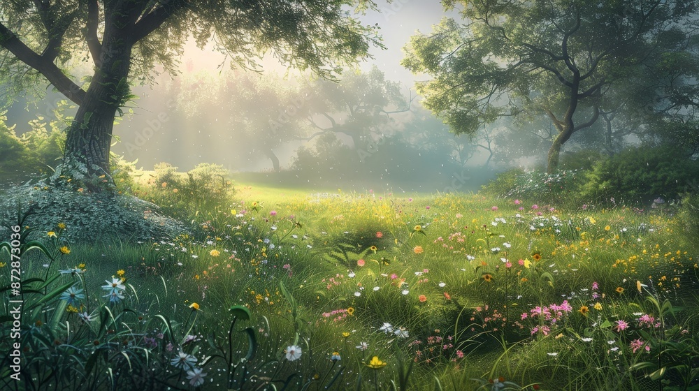 Poster Illustrate a tranquil meadow at dawn, with dewdrops on the grass, wildflowers in bloom, and the soft, early morning light casting a gentle glow.